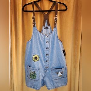 Hot Topic Light Blue Denim Overalls with Brown Straps, Bee And Ghost Patches